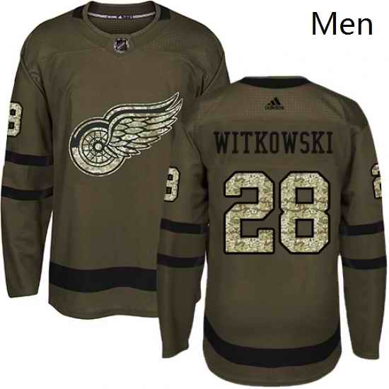 Mens Adidas Detroit Red Wings 28 Luke Witkowski Premier Green Salute to Service NHL Jersey